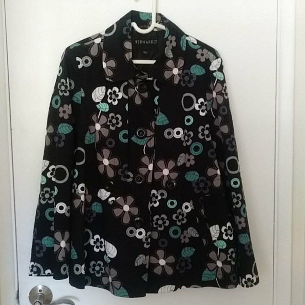 Black Cotton Coat with Retro Flowers